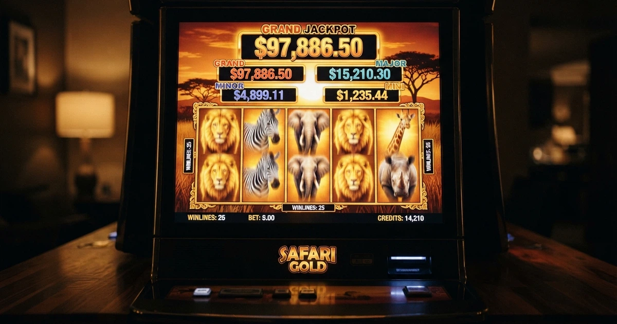 Capture d'écran de la machine à sous Mega Moolah affichant ses rouleaux sur le thème de la savane africaine, avec les quatre paliers de jackpot progressif visibles en haut de l'écran.
