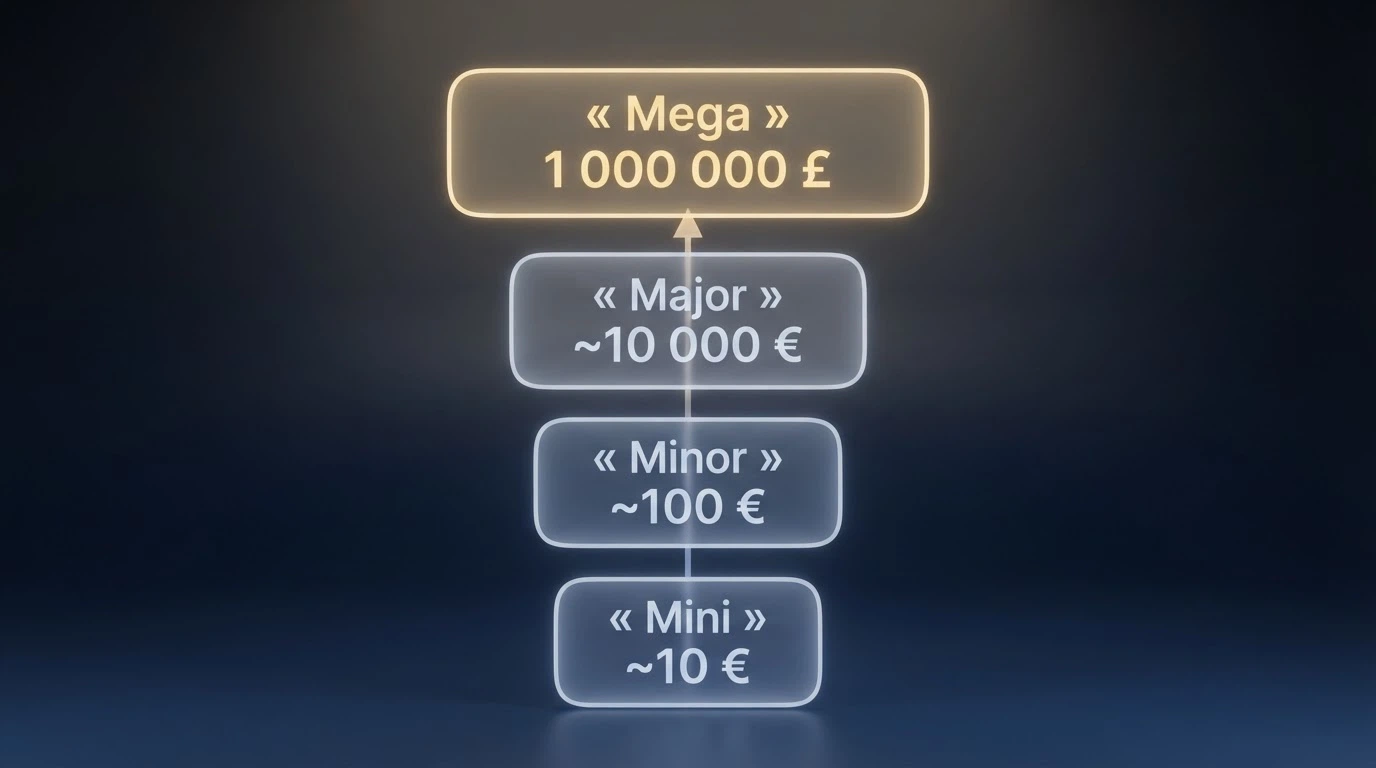 Illustration des quatre niveaux du jackpot progressif — Mini, Minor, Major et Mega — avec leurs montants de départ respectifs.