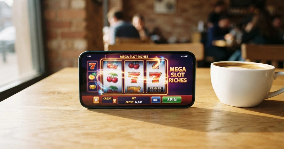 Écran de téléphone affichant une appli de casino en ligne avec une machine à sous colorée, posé sur une table à côté d'un café
