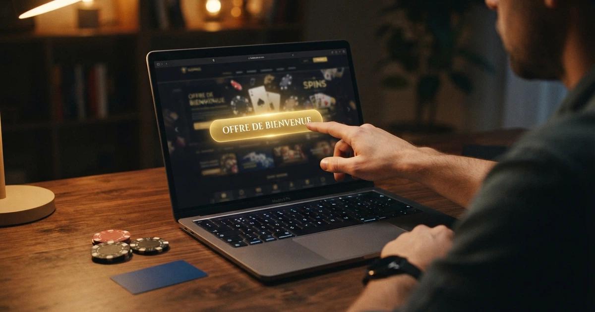 Une main qui clique sur un bouton « Offre de bienvenue » sur l'écran d'un casino en ligne, avec des jetons et des cartes en arrière-plan