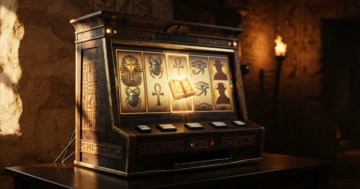 Capture d'écran de la machine à sous Book of Ra Deluxe, affichant les cinq rouleaux sur fond de temple égyptien, avec le symbole du Livre de Ra visible sur les rouleaux