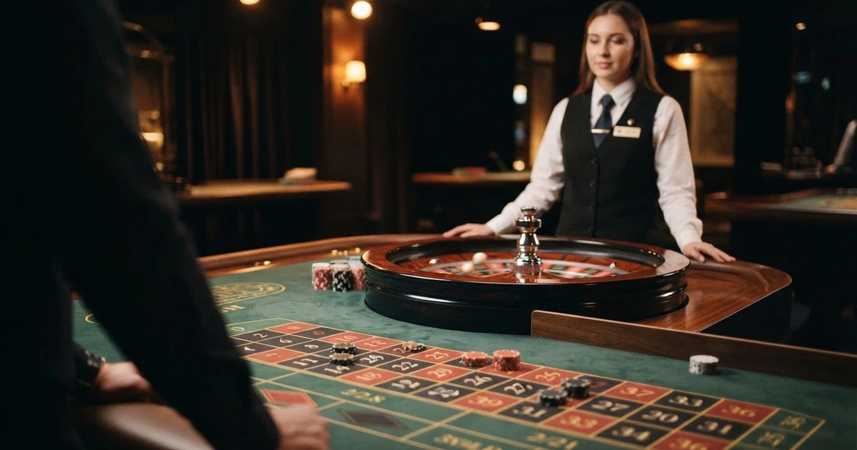 Une table de jeu en direct filmée en plan large, avec un croupier en tenue professionnelle face à un écran diffusant une roulette, dans un studio aux lumières chaudes
