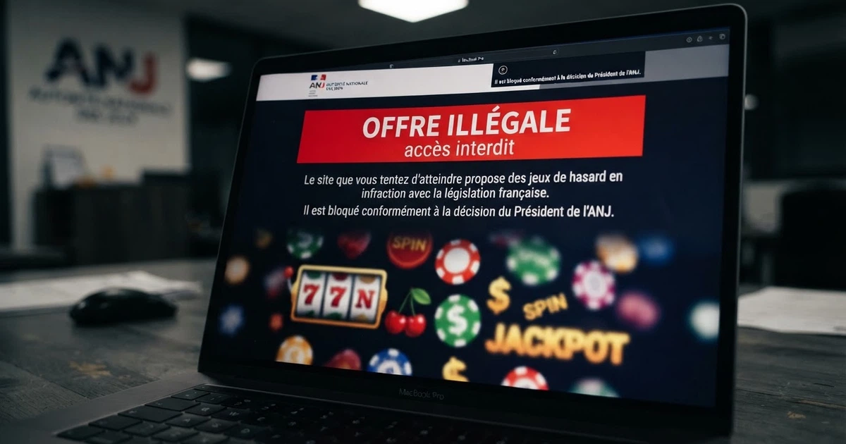 Un écran affichant la page d'accueil de l'ANJ avec la mention « offre illégale » en surimpression, contrastant avec une interface de casino aux couleurs vives en arrière-plan flouté