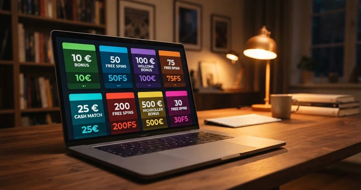 Comparatif de casinos en ligne sans dépôt affiché sur un écran d'ordinateur, avec des cartes d'opérateurs et leurs bonus