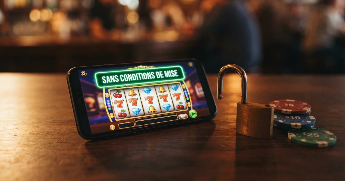 Un cadenas ouvert posé sur un écran de smartphone affichant une interface de casino avec le bandeau « sans conditions de mise », des pièces de monnaie à côté de l'écran symbolisant des gains librement accessibles.
