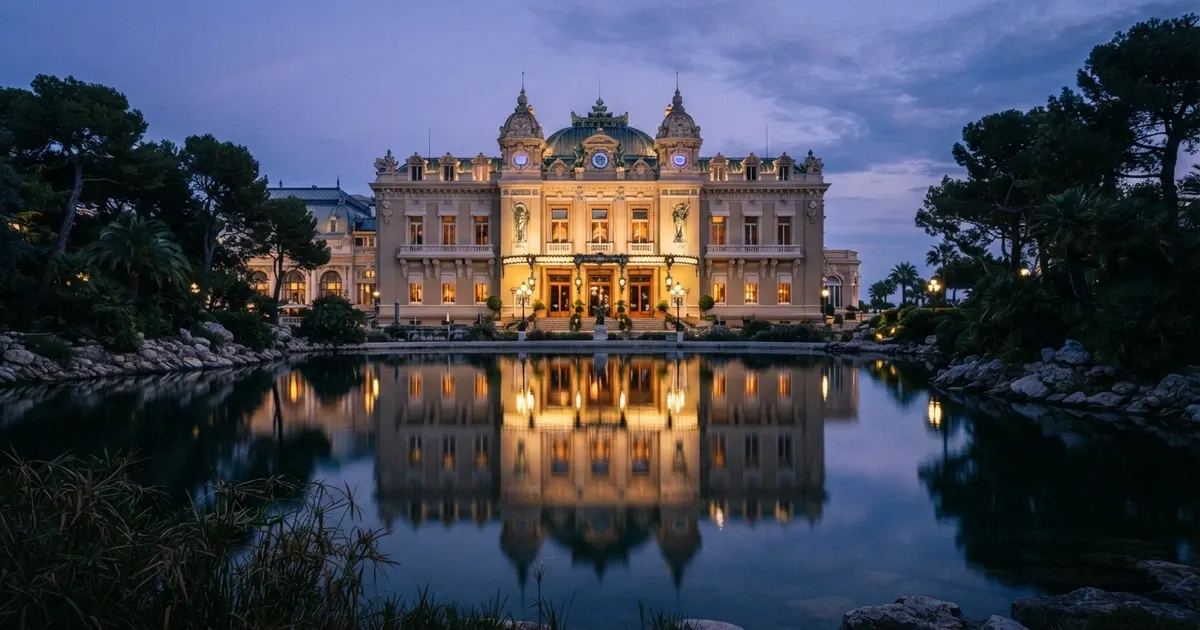 Le casino Barrière d'Enghien-les-Bains vu depuis le lac, avec sa façade illuminée se reflétant dans l'eau au crépuscule