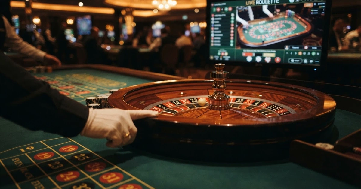 Une table de roulette en direct filmée en gros plan, un croupier humain lance la bille, écran de streaming visible en arrière-plan