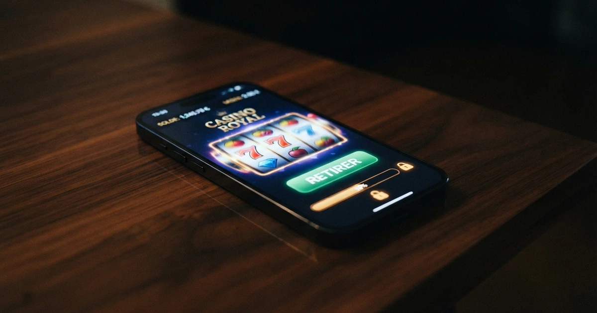 Interface de casino en ligne affichant un bouton « Retirer » et une notification de virement en cours, avec un cadenas et une jauge de progression