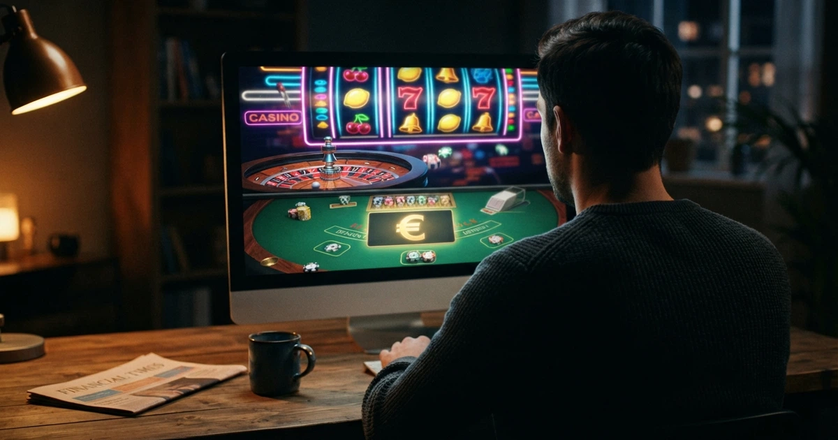 Écran d'ordinateur affichant une interface de casino en ligne avec des machines à sous colorées et une roulette