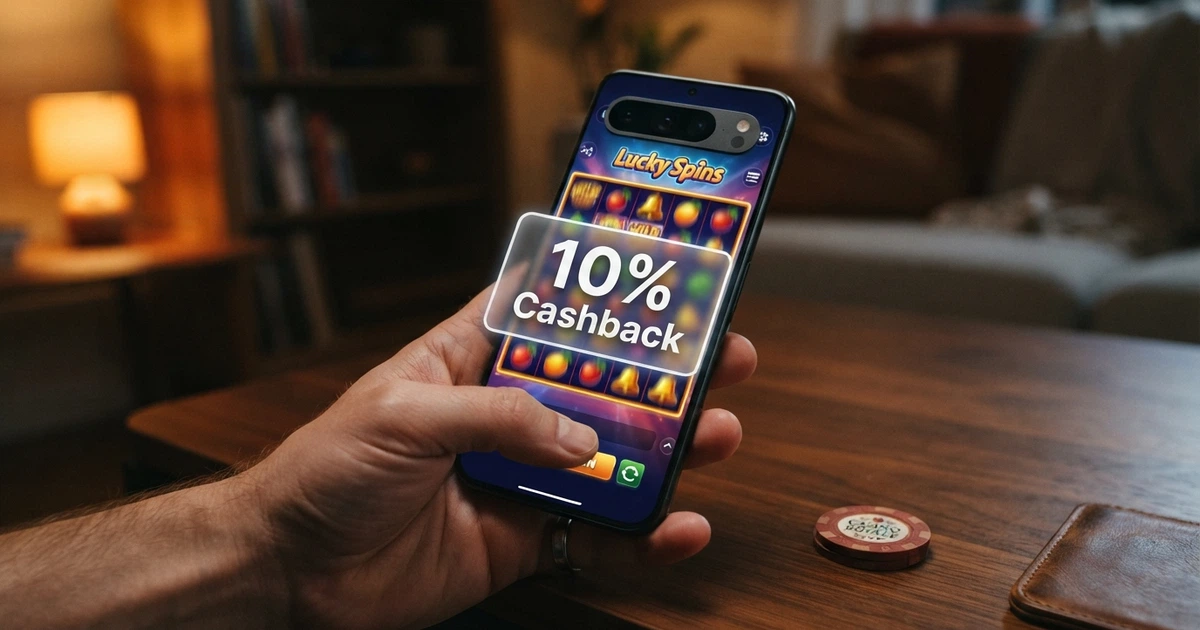 Interface d'un casino en ligne affichant une offre de cashback avec des machines à sous en arrière-plan