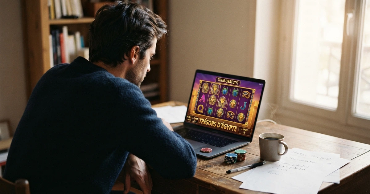 Un joueur français consultant des avis de casino en ligne sur un écran, avec l'interface d'un site de comparaison en arrière-plan