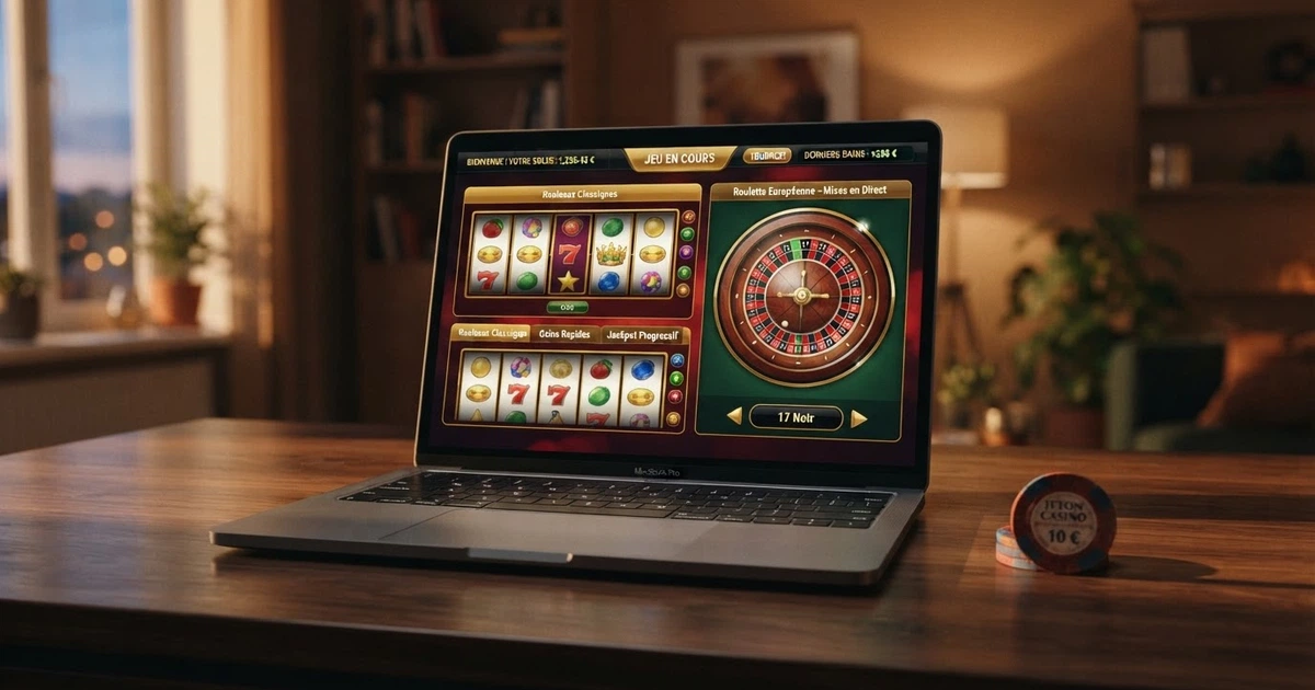 Interface d'un casino en ligne belge affichant son numéro de licence CJH et son catalogue de jeux