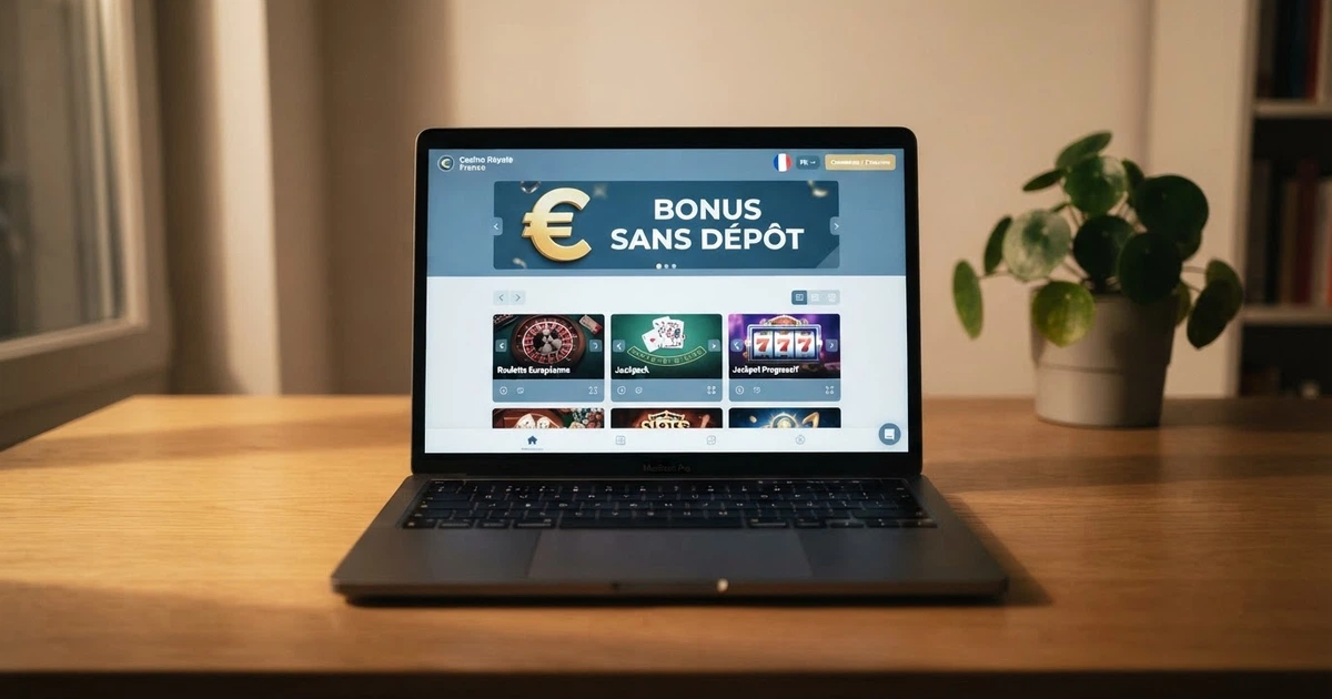 Interface d'un casino en ligne affichant une offre de bonus sans dépôt en euros, avec le drapeau français visible dans le sélecteur de langue