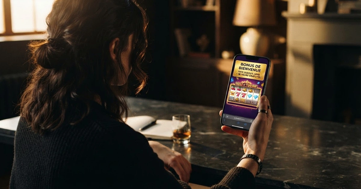 Interface d'un casino en ligne affichant une bibliothèque de machines à sous et une bannière de bonus de bienvenue