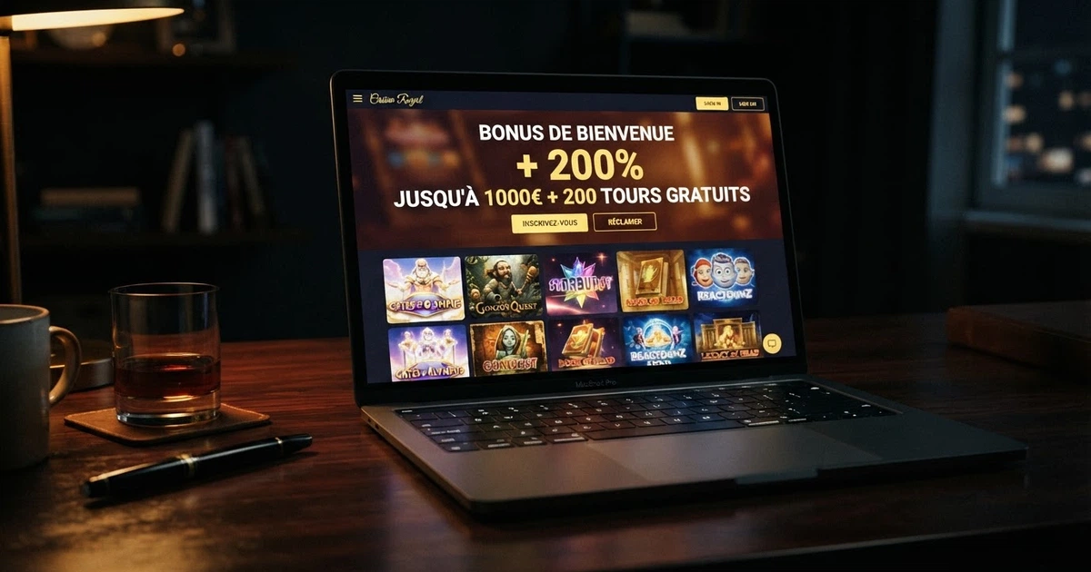 Page d'accueil d'un casino en ligne affichant une offre de bonus de bienvenue sur fond sombre, avec l'interface en français