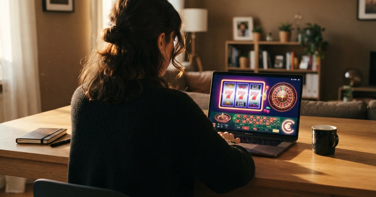 Un joueur français consultant une page de casino offshore sur son écran, avec des icônes de machines à sous et de licences visibles à l'arrière-plan