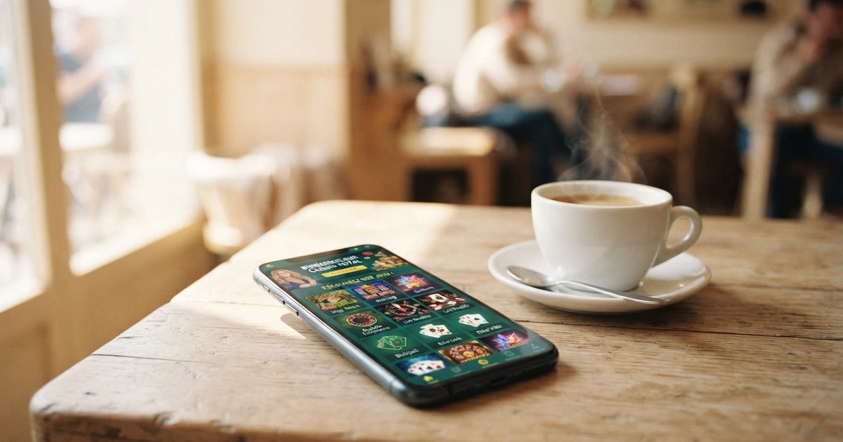 Un téléphone Android affichant la page d'accueil d'un casino en ligne dans un navigateur mobile, posé sur une table à côté d'un café