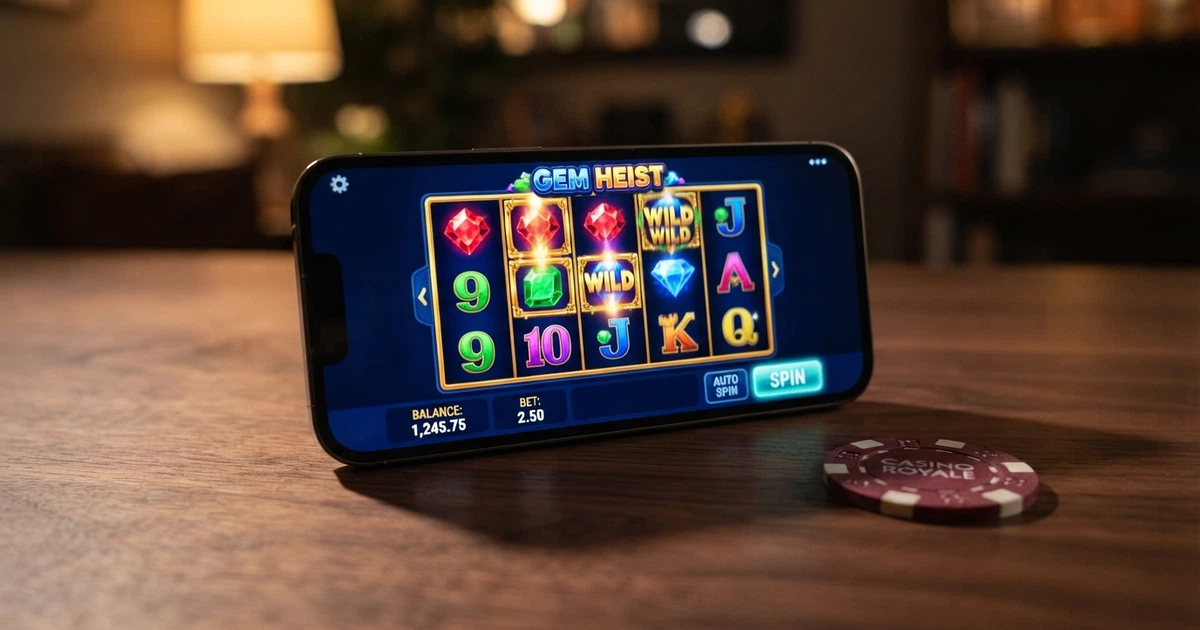 Un iPhone affichant la page d'accueil d'un casino en ligne dans Safari, avec des icônes de machines à sous et de jeux de table visibles à l'écran