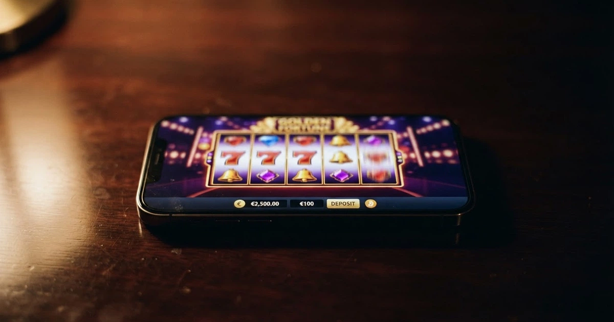 Interface de casino en ligne affichant des machines à sous et l'option de dépôt en cryptomonnaie, sur fond sombre