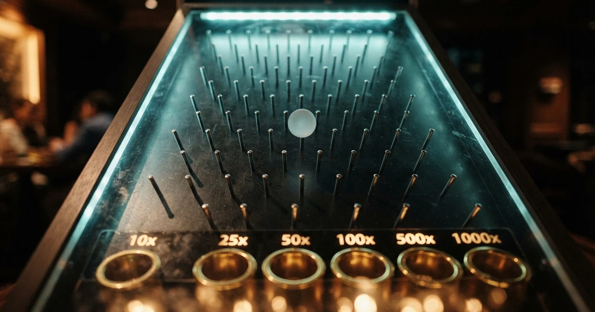 Un plateau de Plinko avec une bille tombant parmi les piquets vers les multiplicateurs du bas