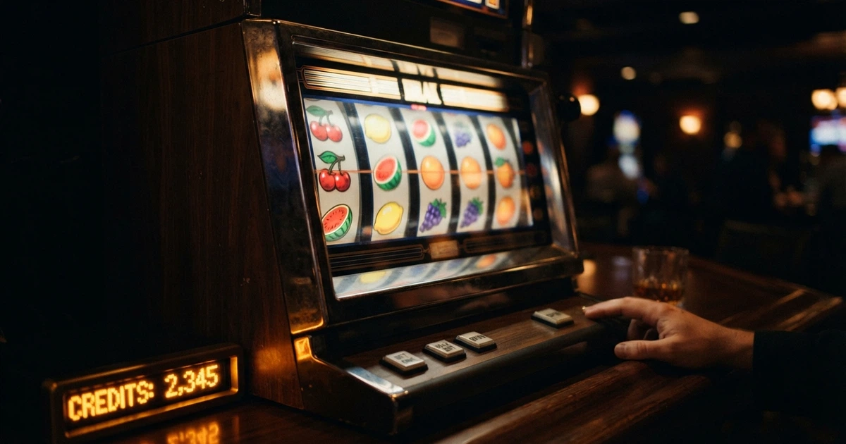 Interface d'une machine à sous en ligne affichant cinq rouleaux, des symboles de fruits et un compteur de crédits, sur fond sombre avec éclairage de casino