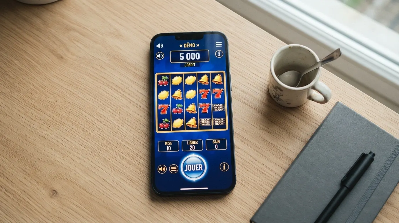 Un écran de machine à sous en mode démo avec un compteur de crédits fictifs bien visible, le bouton « jouer » accessible, aucune inscription ni dépôt requis