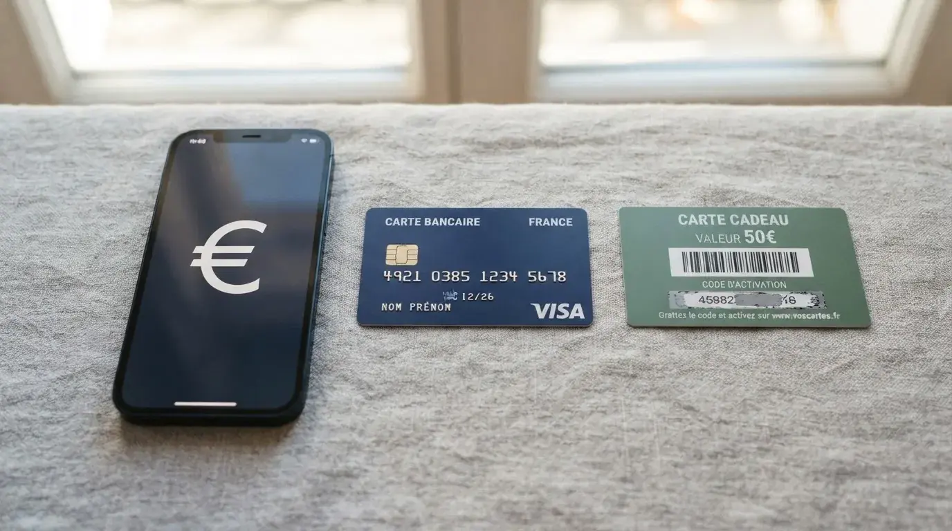 Plusieurs moyens de paiement (carte bancaire, Paysafecard, smartphone) alignés à côté d'un billet de 10 euros