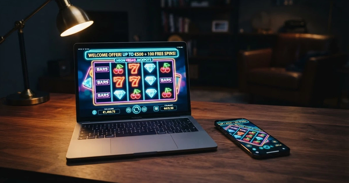 Interface d'un nouveau casino en ligne sur un écran d'ordinateur et de smartphone, montrant une grille de machines à sous colorées et un bandeau de bonus de bienvenue
