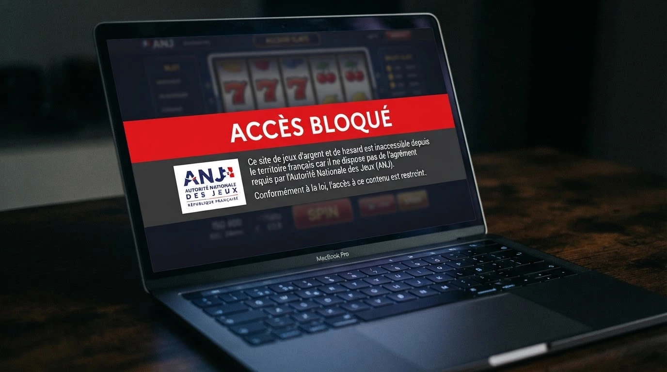 Page d'accueil du site de l'ANJ juxtaposée à une interface de casino en ligne barrée d'un bandeau d'avertissement