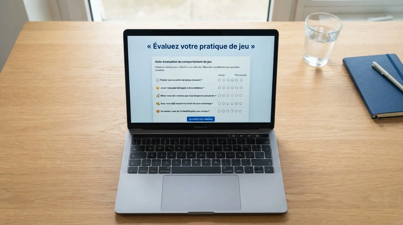 Interface du site Evalujeu.fr affichant un questionnaire d'auto-évaluation de la pratique de jeu
