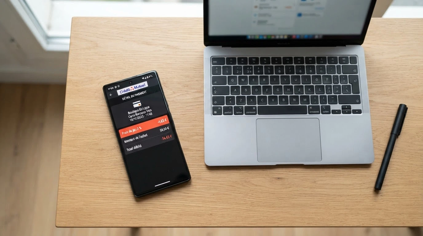 Un téléphone affichant l'application N26 avec l'écran de détail d'une transaction marquée « Gambling Fee », posé sur un bureau à côté d'un ordinateur portable
