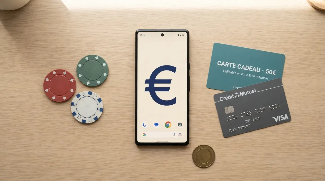 Éventail de moyens de paiement (carte bancaire, portefeuille électronique, cryptomonnaie) disposés devant un écran affichant une caisse de casino en ligne