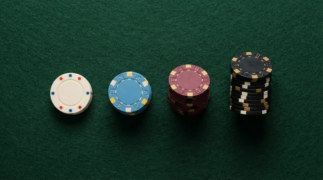 Quatre piles de pièces de 1 €, 5 €, 10 € et 20 € alignées sur un fond de table de jeu, chaque pile de hauteur différente illustrant la progressivité des seuils