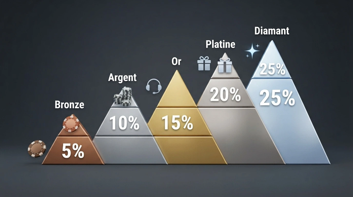 Pyramide à cinq niveaux illustrant la progression du statut VIP, du Bronze au Diamant