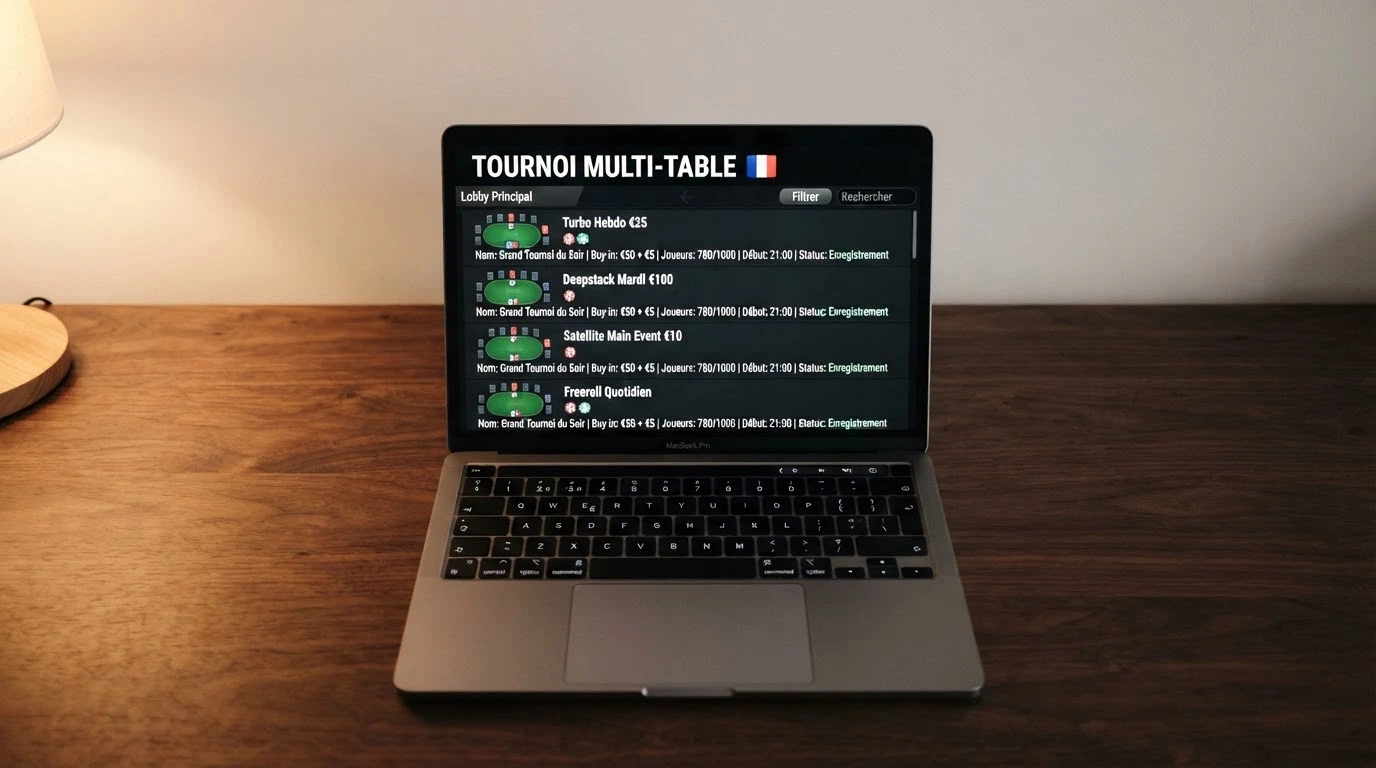 Écran d'ordinateur affichant l'interface d'une plateforme de poker en ligne avec un tournoi multi-tables en cours