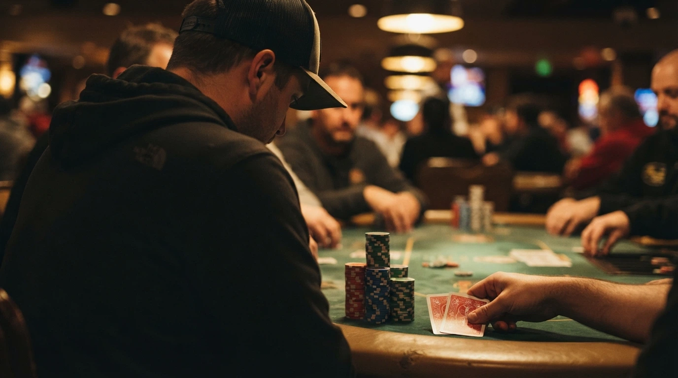 Salle de tournoi de poker dans un casino français, tables remplies de joueurs sous un éclairage tamisé