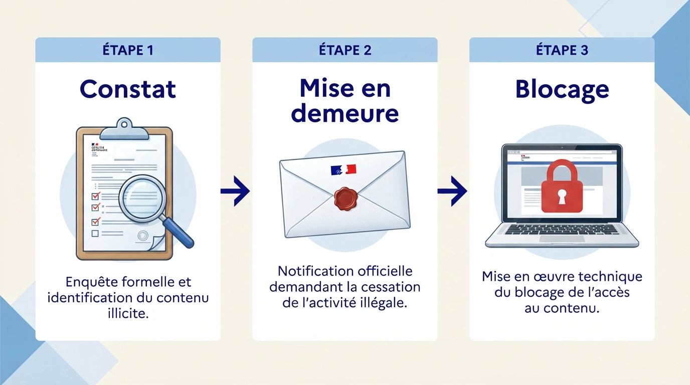 Schéma en trois étapes de la procédure administrative de blocage ANJ : procès-verbal, mise en demeure, ordre de blocage aux FAI