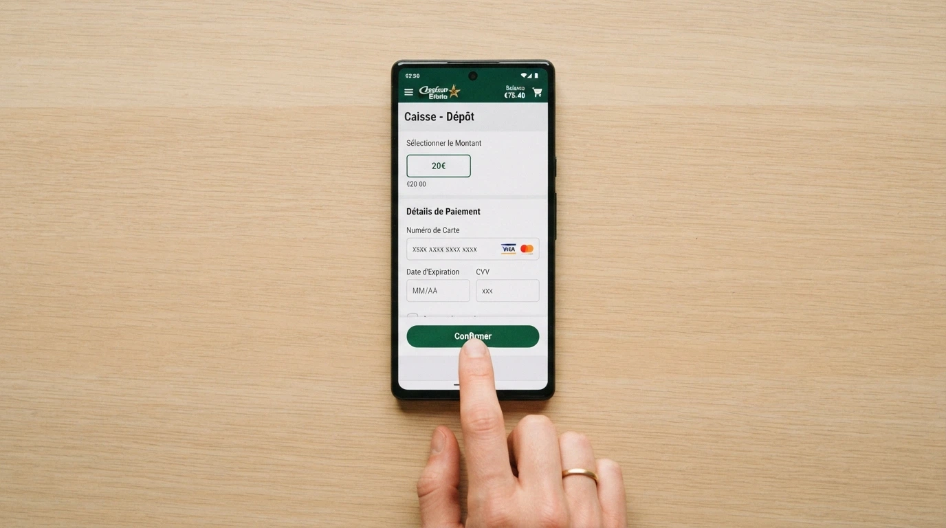 Les étapes du dépôt par Lydia sur un casino en ligne : sélection du montant dans la caisse du casino, authentification dans l'application Lydia, confirmation du paiement.