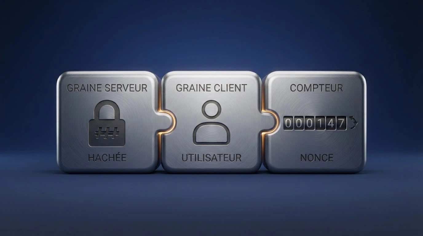 Schéma simplifié en trois blocs illustrant le mécanisme provably fair : un cadenas pour la seed serveur hashée, une icône joueur pour la seed client, et un compteur pour le nonce.