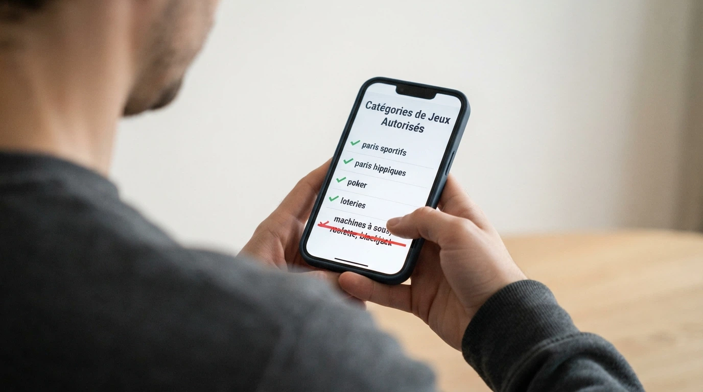 Écran de smartphone affichant le site officiel de l'ANJ (anj.fr) avec le texte réglementaire sur les jeux autorisés en France