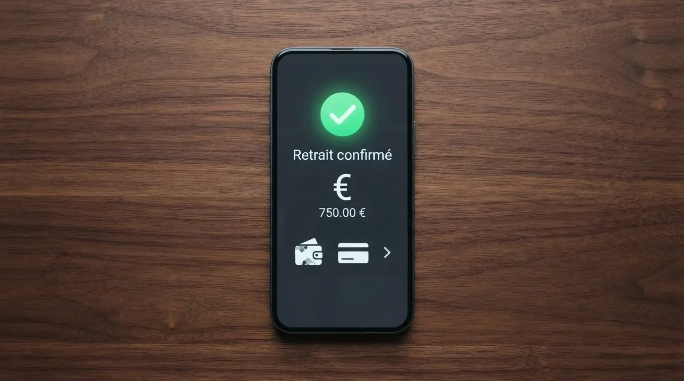 Téléphone affichant une confirmation de retrait par portefeuille électronique avec le logo de plusieurs méthodes de paiement