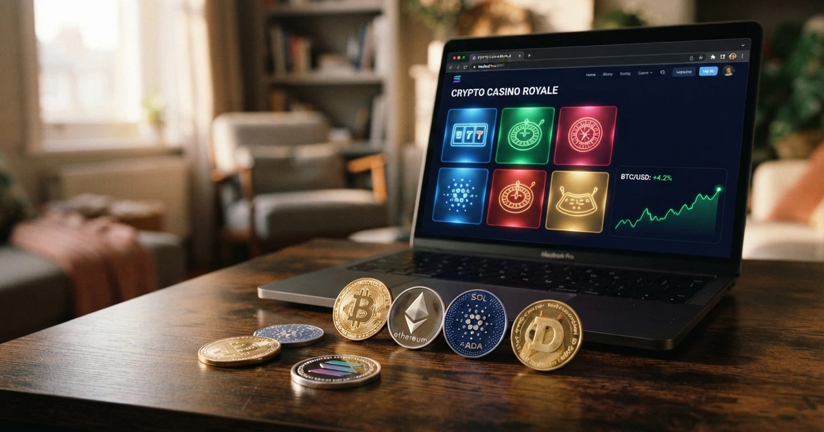 Jetons XRP posés sur un écran affichant une grille de logos de casinos en ligne et un graphique de cours.