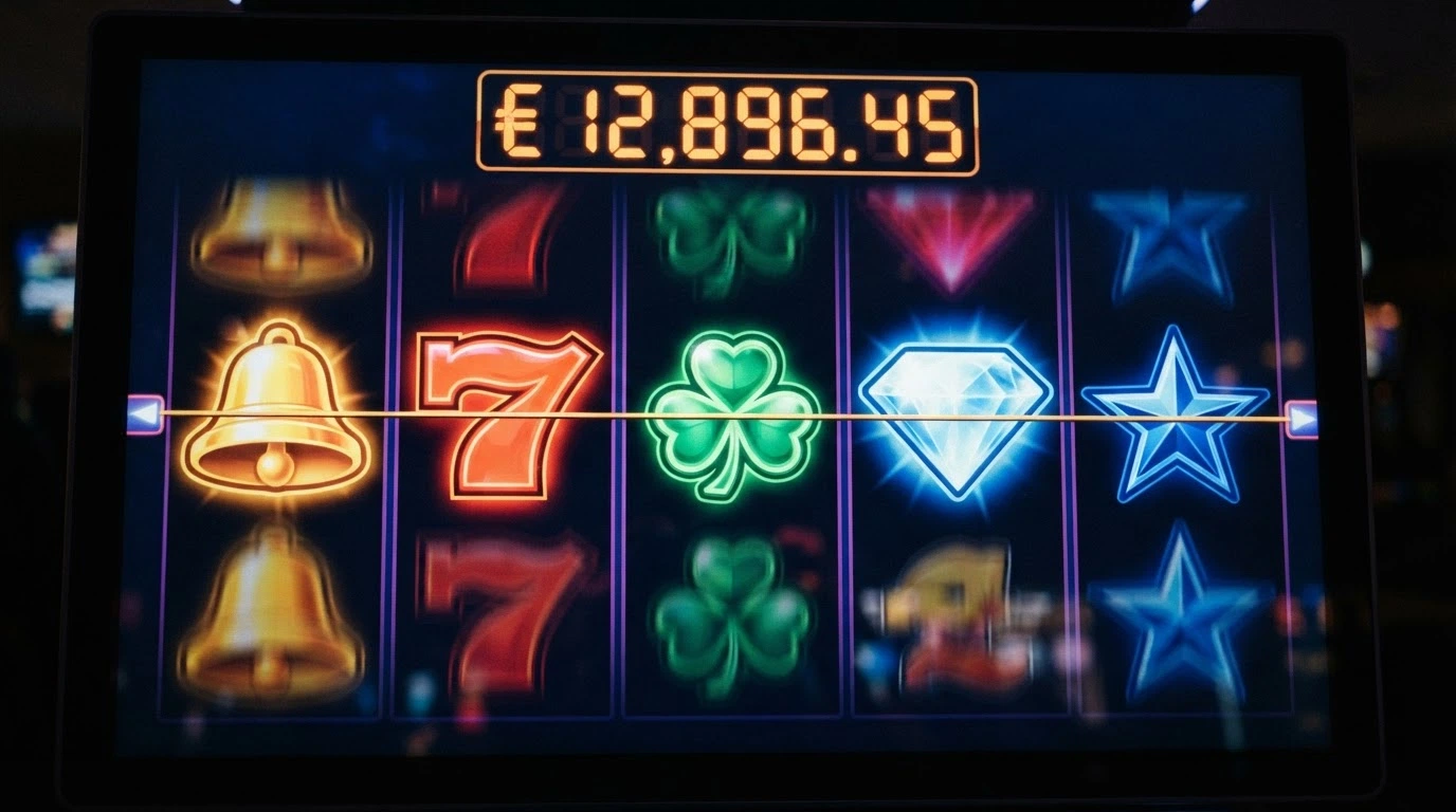 Gros plan sur les rouleaux d'une machine à sous en ligne, symboles alignés et compteur de jackpot visible en haut de l'écran