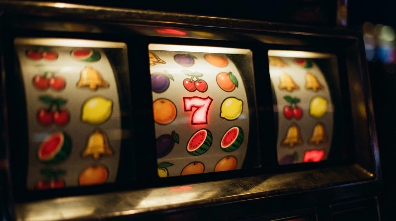 Gros plan sur les rouleaux d'une machine à sous en mouvement, symboles fruits et chiffres 7 illuminés, éclairage tamisé de casino