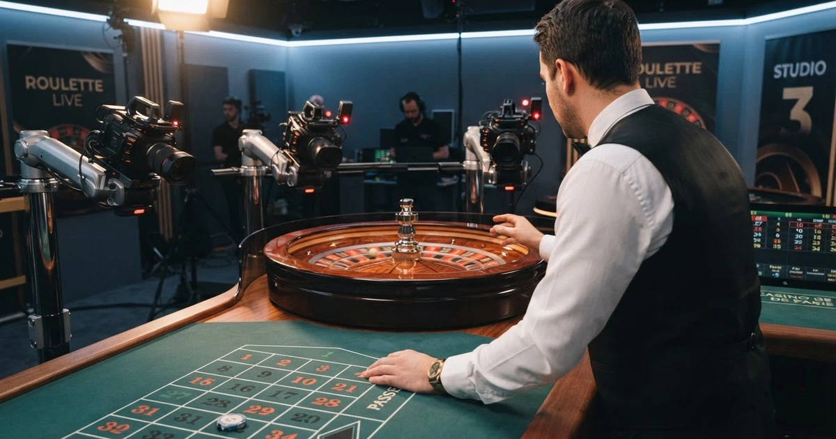 Table de roulette en direct filmée dans un studio, avec un croupier francophone au centre de l'écran et le cylindre en rotation