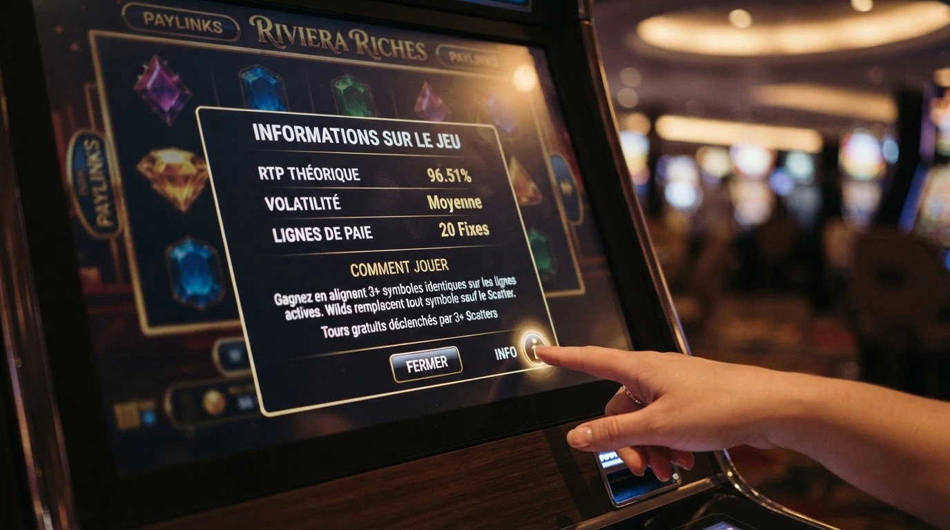 L'écran d'information d'une machine à sous en ligne affichant le RTP, la volatilité et les lignes de paiement dans l'interface du jeu