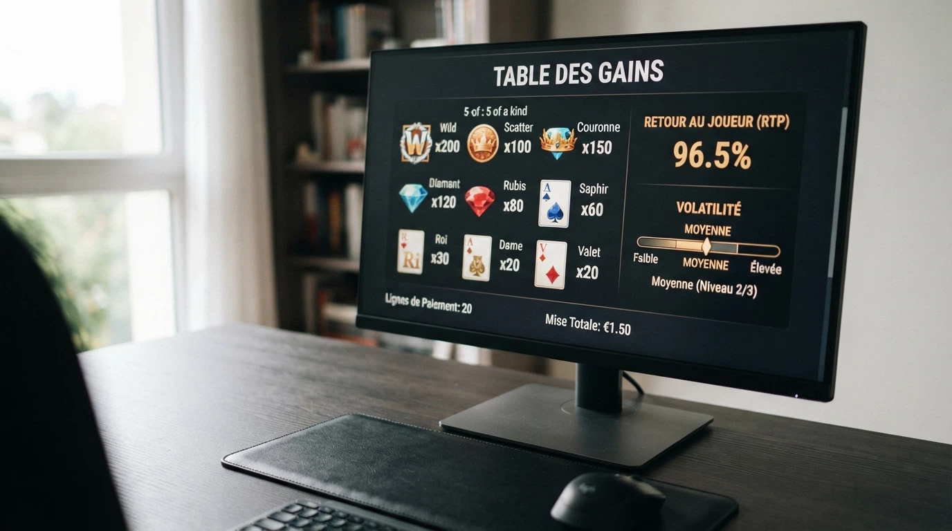 L'écran d'information d'une machine à sous en ligne affichant son RTP et sa volatilité