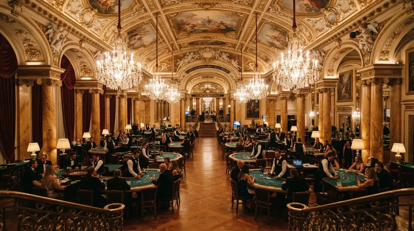 La salle de jeu du casino de Monte-Carlo, lustres dorés, plafond peint et colonnes de marbre dans le style Belle Époque de Charles Garnier
