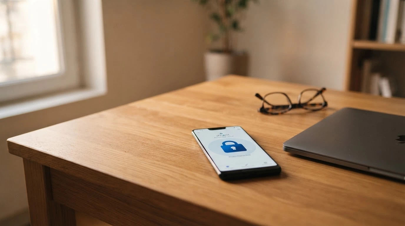 Smartphone posé à côté d'un écran affichant le site de l'ANJ, document officiel visible, cadenas à l'écran du téléphone