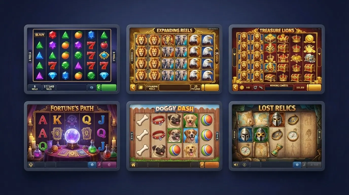 Écran partagé montrant les pochettes de six machines à sous Megaways phares : Bonanza, Buffalo King, Gonzo's Quest, 5 Lions, Madame Destiny, Dog House